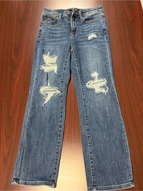Judy Blue Medium Blue Distressed Straight-Leg Jeans